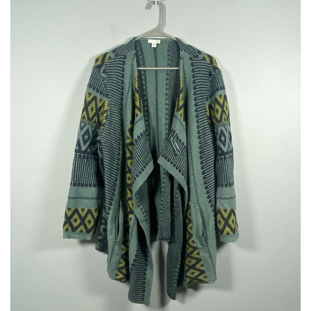 J Jill Juniper Geometric Aztec Open Front Cardigan Knit Sweater Alpaca Wool L‎ P